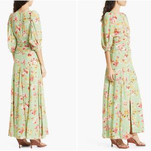 byTimo FLORAL PRINT RUCHED MAXI LIGHT GREEN DRESS sz XS